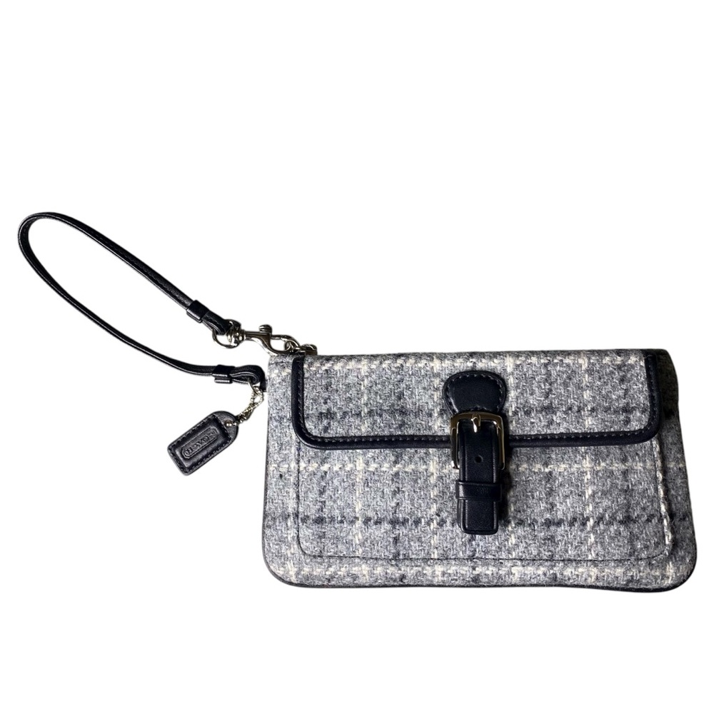 Vintage Coach Bag Wallet Wristlet Wool Leather Gray Herringbone - Picture 7 of 9